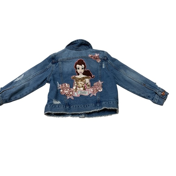 Disney Girl's Size 4 Princess Belle Denim Jacket Distressed Applique Sequins Y2K - Picture 5 of 6